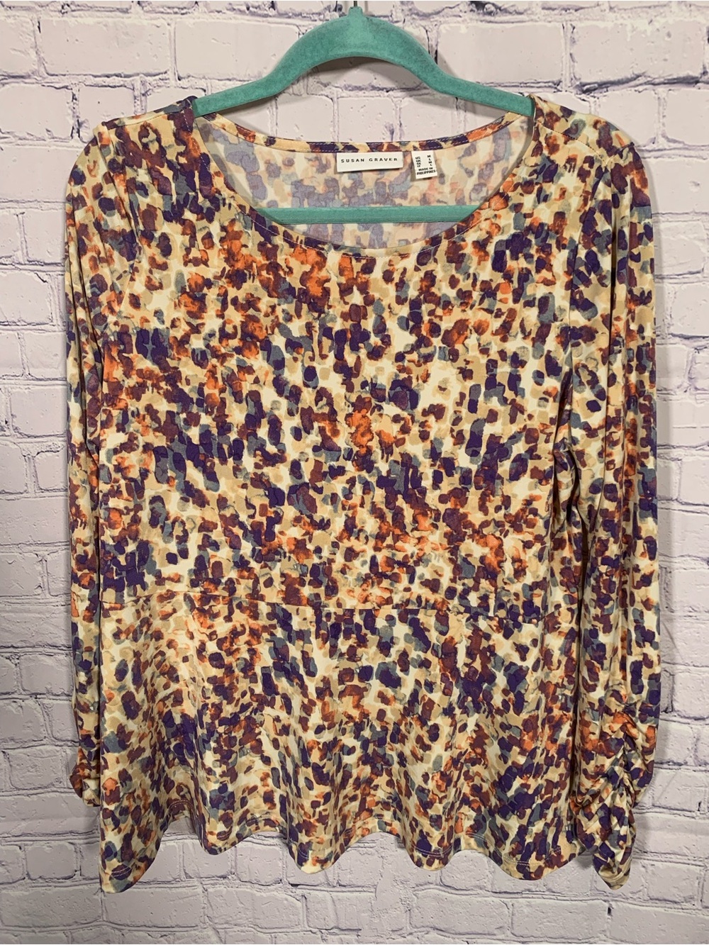Susan Graver Womens Liquid Knit Tiered Dot Print Top Long Sleeves Sz M Business